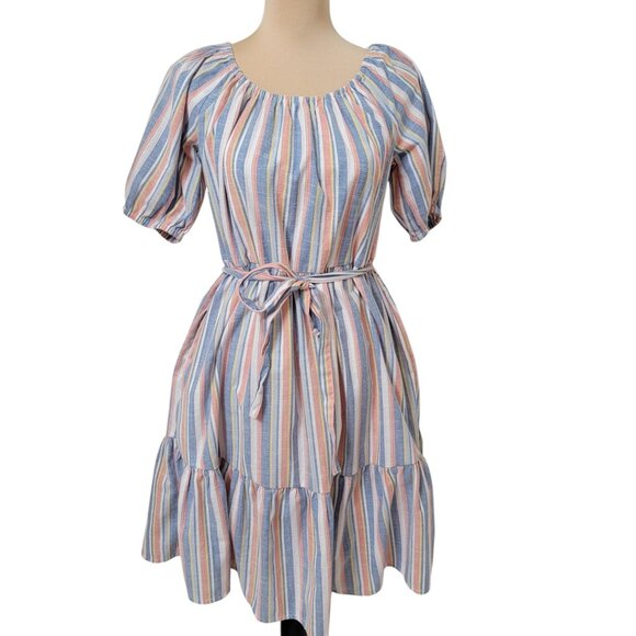 Harlow & Rose Size M "Washed Linen" color Pastel Stripe Tiered Knee-Length Dress - Picture 1 of 14